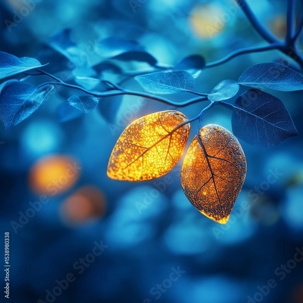 Fototapeta Illuminated Autumn: Golden Leaves Glow on a Blue Branch, Revealing Intricate Patterns Against a Soft, Serene Background
