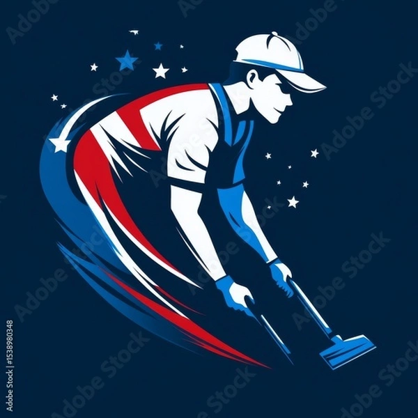 Fototapeta Illustrative Patriotic Sweeper Graphic with Stars and Stripes in Red, White, and Blue on Navy Background, Symbolizing American Values