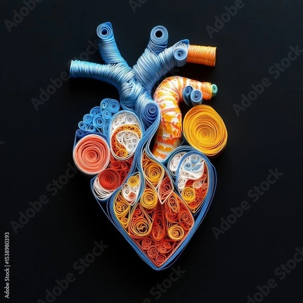 Fototapeta Intricate Paper Quilling: An Anatomical Heart Crafted with Blue, Orange, and Yellow Rolls of Paper, Set Against a Striking Black Backdrop, Showcasing Precision and Artistry.