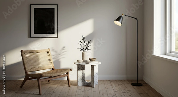 Fototapeta Modern interior design with a cane chair marble table and black floor lamp in a bright room
