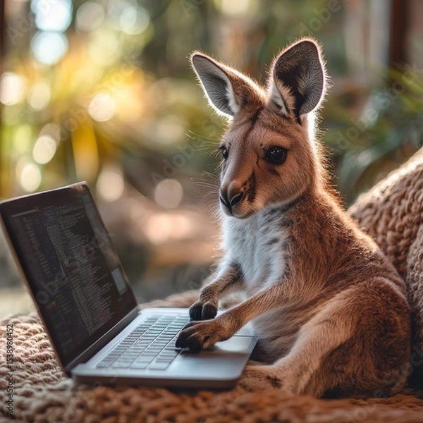 Fototapeta Kangaroo Coder: A young kangaroo intently works on a laptop, possibly coding, sitting comfortably with a bright, blurred background.