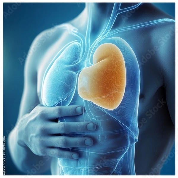 Fototapeta Man touching the spleen area in human body showing inflammation or pain, 3D rendering of the spleen, internal organs and human body system illustrated.