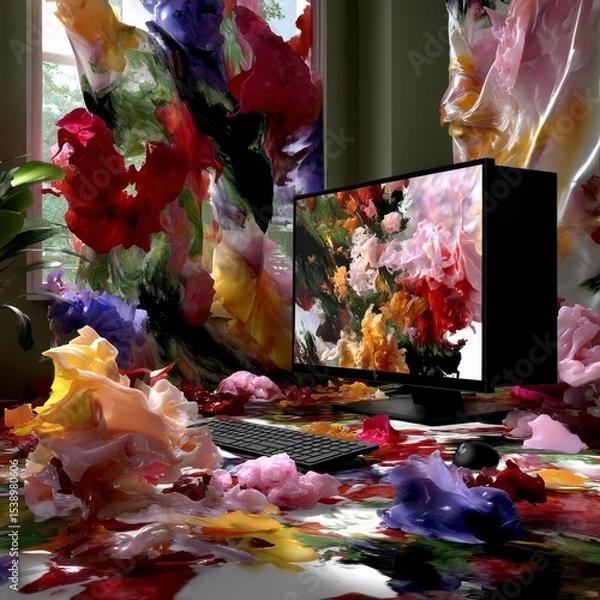 Fototapeta Melting Reality: A Surreal Desktop Scene with Abstract Floral Forms Encapsulating the Computer, Keyboard and Mouse, Creating an Unconventional Digital Space.