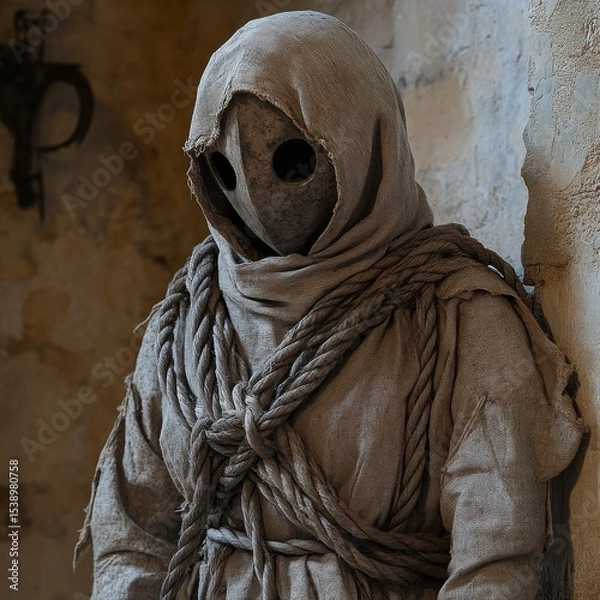 Fototapeta Mysterious Figure in Burlap and Rope: An Enigmatic Sentinel with a Hollow Gaze, Guardian of the Forgotten Secrets, Standing Vigilant in an Ancient, Stone-Walled Sanctuary