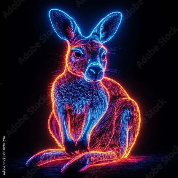 Fototapeta Neon Kangaroo Luminescence: A Vibrant Display of Wildlife Art in Electric Colors on a Deep Black Backdrop, Showcasing Modern Digital Art Techniques.
