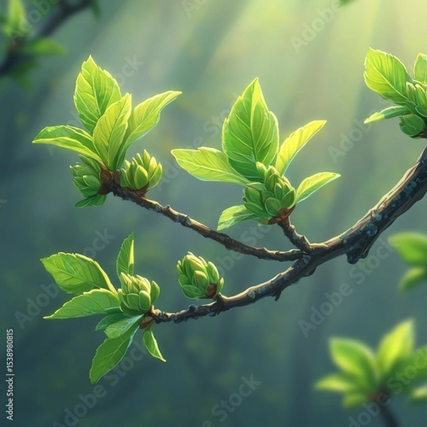 Fototapeta New Life Emerging: Spring Buds Unfolding Under Sunlit Canopy, a Glimpse of Renewal in Nature's Awakening Beauty, Tranquil Greenery and Delicate Branching