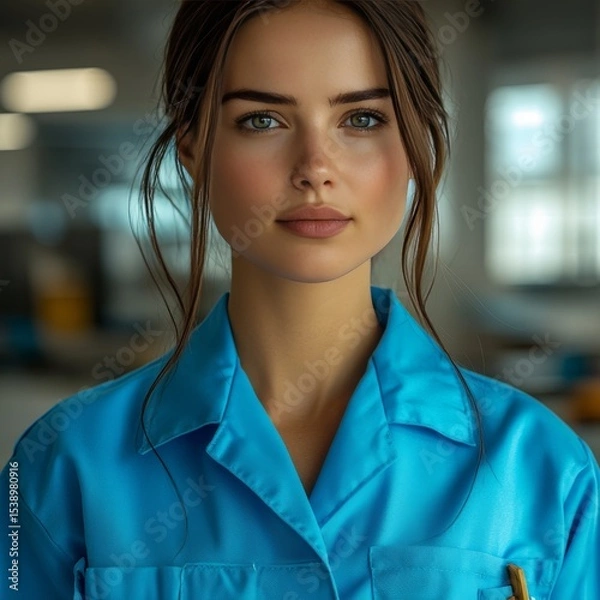 Fototapeta Portrait of a Confident Young Woman with Hazel Eyes in Blue Uniform, Industrial Setting Backdrop, Capturing Professionalism and Serene Demeanor