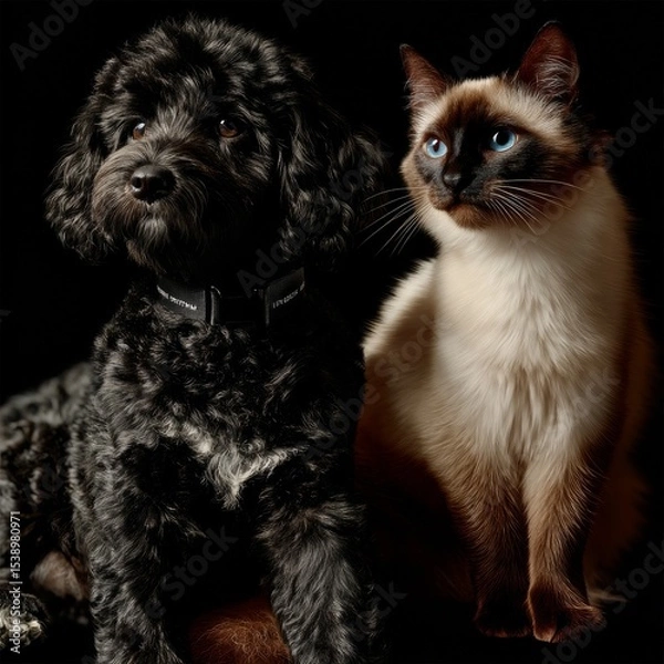 Fototapeta Portrait of a Loyal Dog and Elegant Cat Against a Dramatic Black Background, Contrasting Fur Textures and Colors in an Intimate Studio Setting