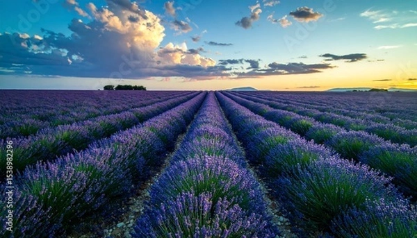Obraz Vibrant Lavender Field Under a Colorful Sky During Sunset or Dawn