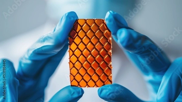 Fototapeta Scientist wearing blue gloves showing a graphene battery, a new innovative material for energy storage