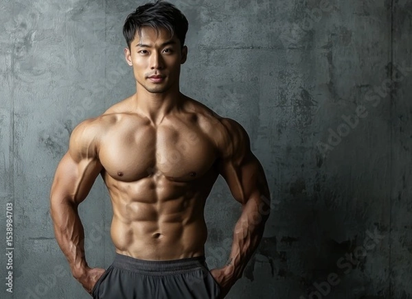 Fototapeta Muscular man posing confidently against a textured wall background.