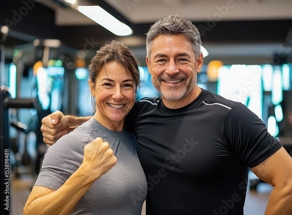 Fototapeta Two smiling fitness enthusiasts celebrating their workout success in a gym setting.