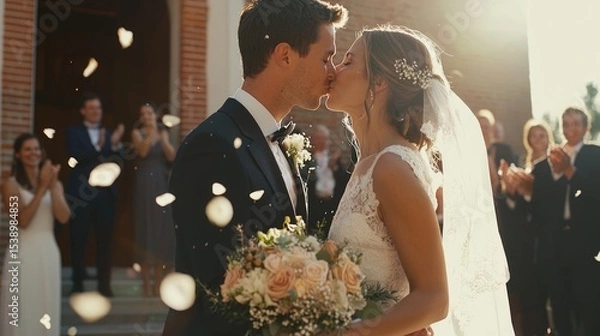 Fototapeta Joyful newlyweds share a kiss surrounded by friends and family celebrating their wedding day.