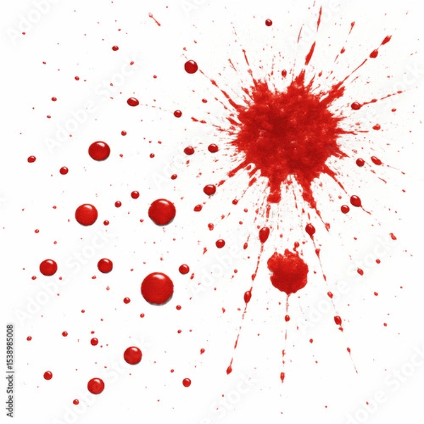 Fototapeta Red paint splatters and droplets scattered across a white background, creating an abstract, dynamic design.