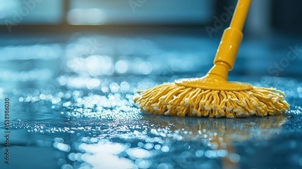 Fototapeta Yellow string mop swirling across wet blue surface, generating soapy bubbles while wiping away dirt and sanitizing flooring