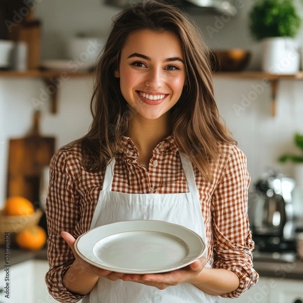 Fototapeta Smiling woman in an apron holding a clean plate in a bright kitchen setting.