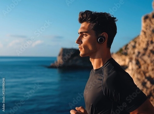 Fototapeta A man jogging by the sea, wearing earbuds, with cliffs in the background and a clear blue sky.