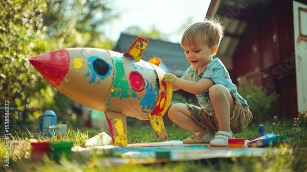 Fototapeta A child joyfully paints a colorful cardboard rocket in a sunny outdoor setting.