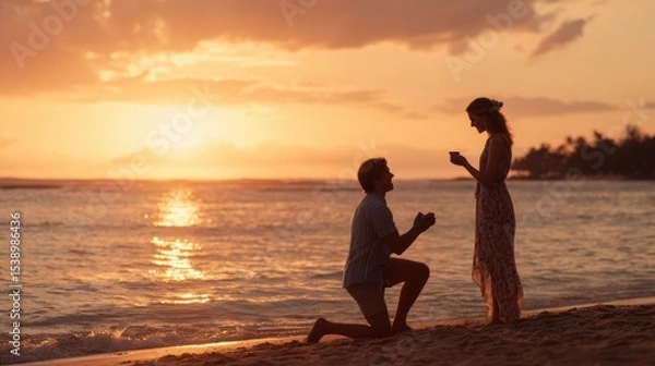 Fototapeta A romantic beach proposal at sunset with a couple in love.
