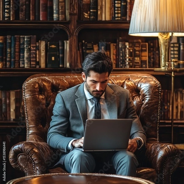 Fototapeta A man works on a laptop in a cozy library setting, surrounded by books.