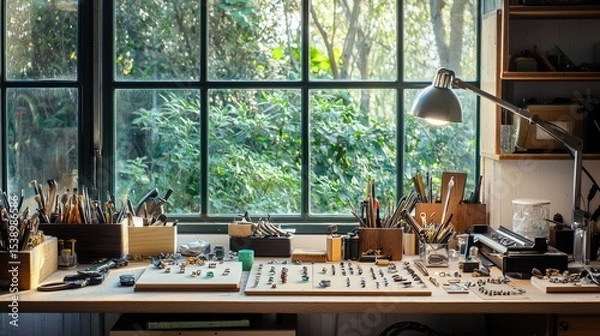Fototapeta A cozy workspace filled with tools and natural light from large windows.