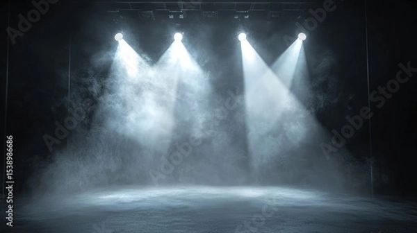 Fototapeta Spotlights illuminate a foggy stage, creating a dramatic atmosphere for performances.
