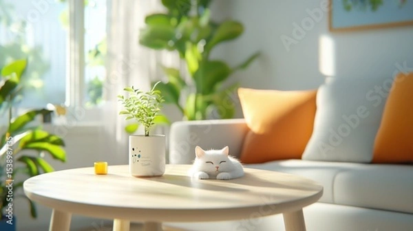 Obraz A cozy and comfortable living room with a modern, minimalist design featuring a fireplace, plush furniture, and soft neutral decor that creates a welcoming and relaxing atmosphere.