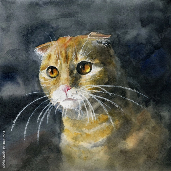Fototapeta Ginger Scottish Fold cat portrait on dark background. Whimsical watercolor painting with golden details (whiskers, eyes). Folded ears, expressive face. Isolated, front view