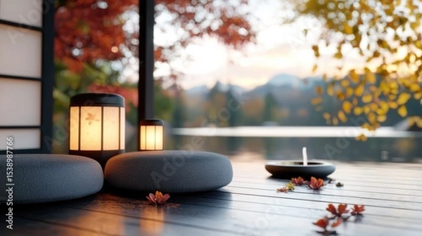 Obraz Cozy, minimalist interior design featuring a serene cat relaxation area with soft, warm lighting creating a tranquil, Zen-like ambiance