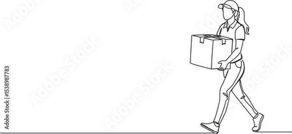 Obraz continuous single line drawing of female package deliverer carrying parcel, line art vector illustration