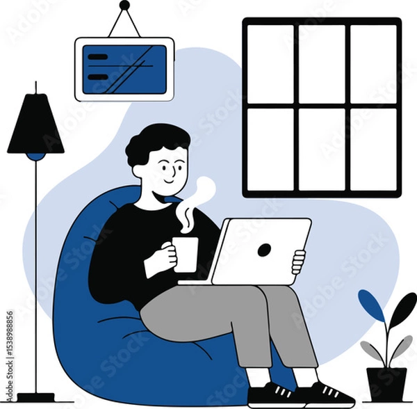 Obraz Man working from home enjoying coffee and laptop in a cozy interior