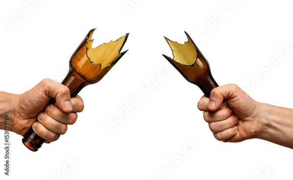 Obraz Clashing Beer Bottles in a Dramatic Showdown Between Two Hands, Symbolizing Conflict and Tension, Isolated on Transparent and White Background