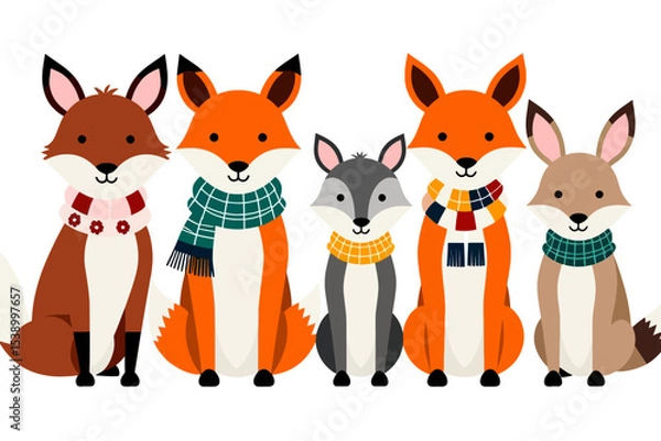 Obraz Cute Cartoon Animals in Scarves-Foxes, Wolf and Bunny Ready for Winter-Colorful Vector Illustration for Kids-Adorable Animal Characters Lineup