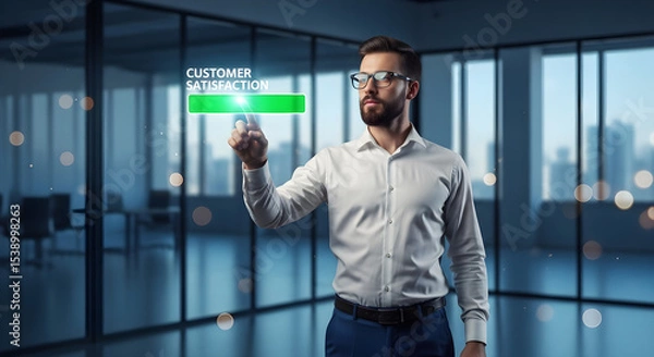 Obraz Man in shirt touching customer satisfaction interface in modern office setting isolated on white background, tarensparent background, png, jpg,jpeg,  on transparent background