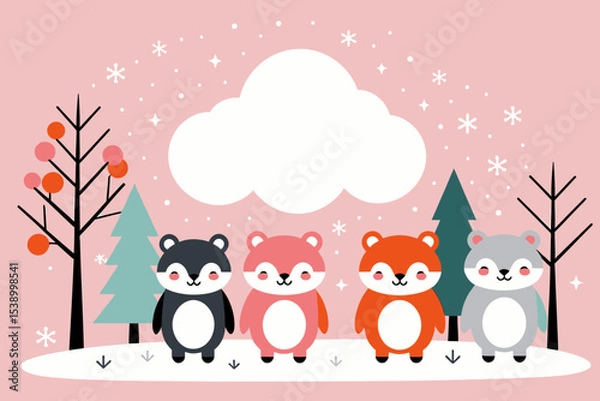 Obraz Cute Winter Animals Illustration-Snowy Landscape with Bears and Trees-Pastel Colors for Kids-Festive Season Art-Whimsical Holiday Design