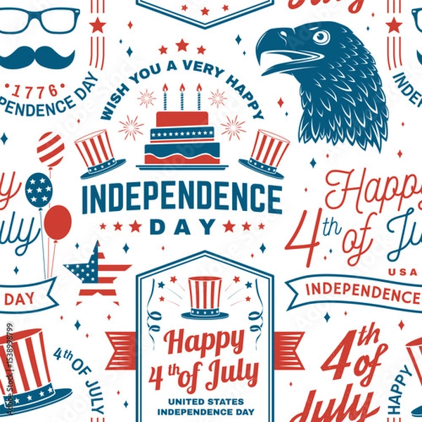 Fototapeta Set of Vintage 4th of july seamless pattern or background. Seamless scene fourth of July, Independence day wallpaper or wrapper. Patriotic banner for website template. Vector illustration.
