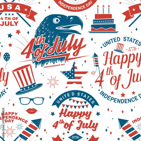 Fototapeta Set of Vintage 4th of july seamless pattern or background. Seamless scene fourth of July, Independence day wallpaper or wrapper. Patriotic banner for website template. Vector illustration.