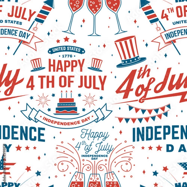 Fototapeta Set of Vintage 4th of july seamless pattern or background. Seamless scene fourth of July, Independence day wallpaper or wrapper. Patriotic banner for website template. Vector illustration.
