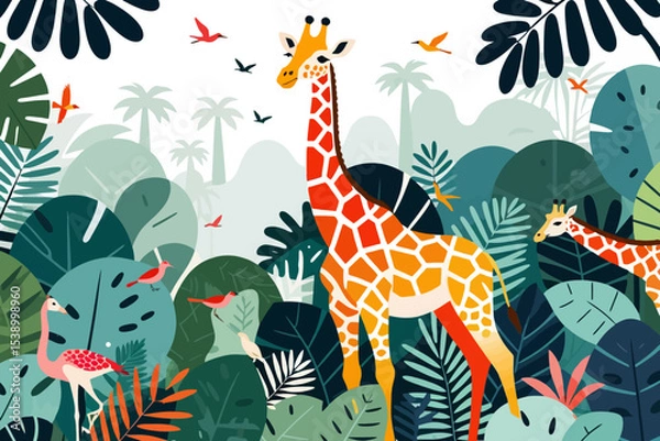 Fototapeta Giraffe and Flamingo Jungle Illustration-Tropical Leaves and Birds Art Print-Wildlife Themed Nursery Decor-Safari Animal Graphic Design-Cartoon Giraffes Scene