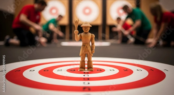 Obraz Wooden figure stands on a target with people playing in the background indoors isolated on white background, tarensparent background, png, jpg,jpeg,  on transparent background