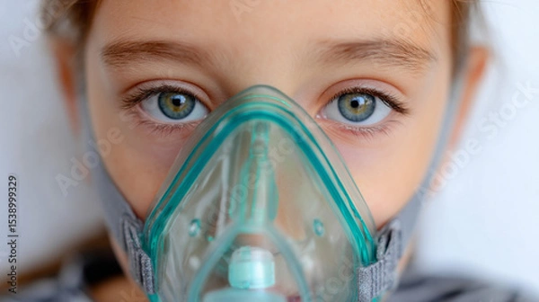 Fototapeta A girl wearing oxygen mask. Respiratory distress, low blood oxygen levels/asthma, COPD, pneumonia, and sleep apnea concept. Science and practice of diagnosing, treating, and preventing disease. 