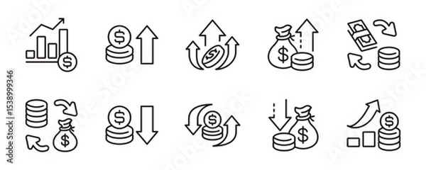 Fototapeta financial money income icon line set dollar arrow cash flow business economy growth signs vector illustration finance chart sales symbol outline design