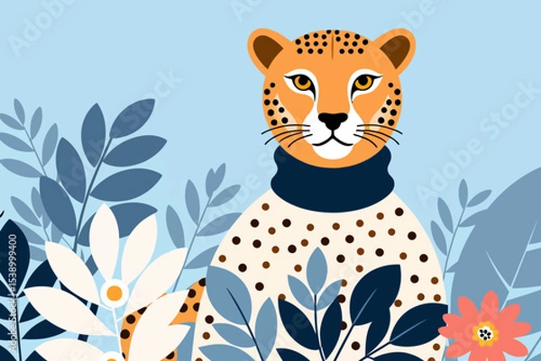 Fototapeta Illustration of a Cute Cartoon Leopard in Sweater-Stylish Feline Art with Floral Background-Modern and Whimsical Animal Design for Kids and Home Decor_