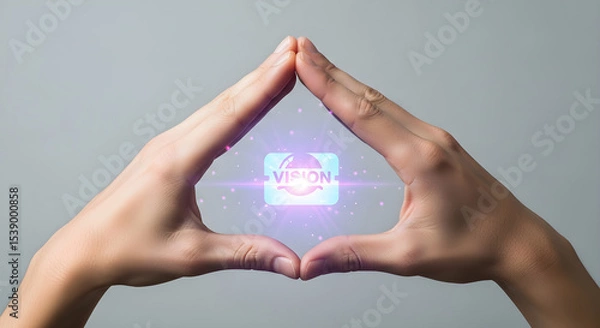 Obraz Two hands forming a triangle around a vision logo with a gray background image isolated on white background, tarensparent background, png, jpg,jpeg,  on transparent background