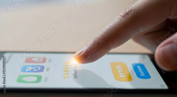 Obraz Finger touching five stars on a smartphone screen giving a positive rating online isolated on white background, tarensparent background, png, jpg,jpeg,  on transparent background