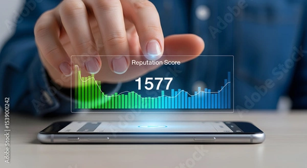 Obraz Person viewing reputation score graph on smartphone with finger near the screen isolated on white background, tarensparent background, png, jpg,jpeg,  on transparent background