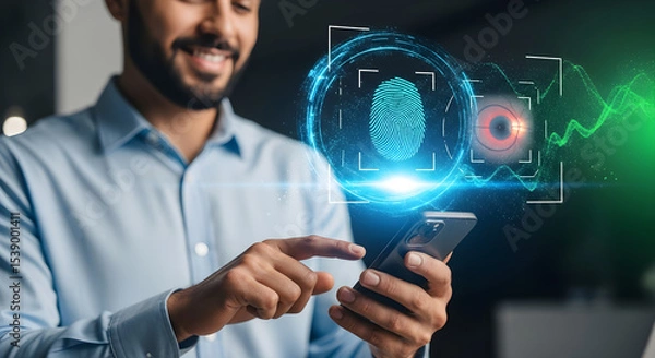 Obraz Man using phone with fingerprint and eye scan technology for secure access system isolated on white background, tarensparent background, png, jpg,jpeg,  on transparent background