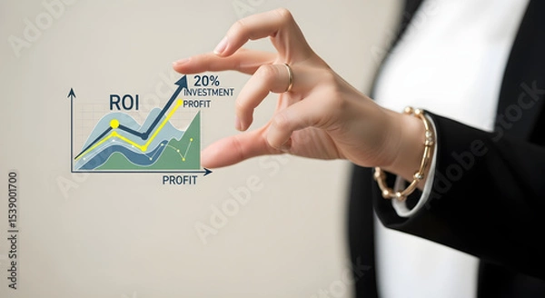 Obraz Woman holding roi and profit chart with fingers showing investment growth concept isolated on white background, tarensparent background, png, jpg,jpeg,  on transparent background