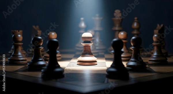 Obraz A chess board with a light colored pawn highlighted among the dark chess pieces isolated on white background, tarensparent background, png, jpg,jpeg,  on transparent background