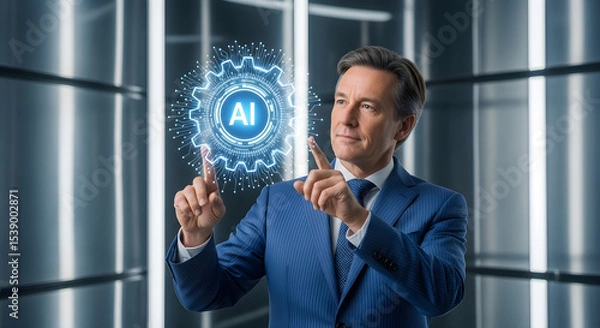 Obraz Man in suit interacting with glowing ai gear interface with fingers extended out isolated on white background, tarensparent background, png, jpg,jpeg,  on transparent background